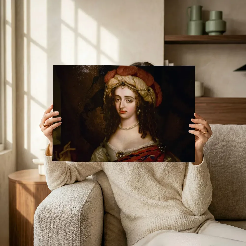 Sfeerimpressie: Postuum portret van Maria I Stuart met een bediende van Adriaen Hanneman terwijl het omhoog wordt gehouden
