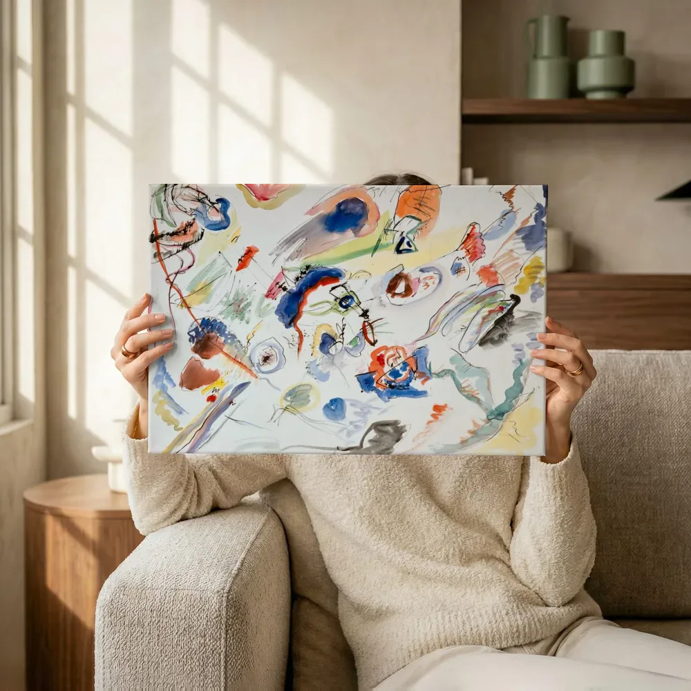 Sfeerimpressie: Primo acquarello astratto van Wassily Kandinsky terwijl het omhoog wordt gehouden