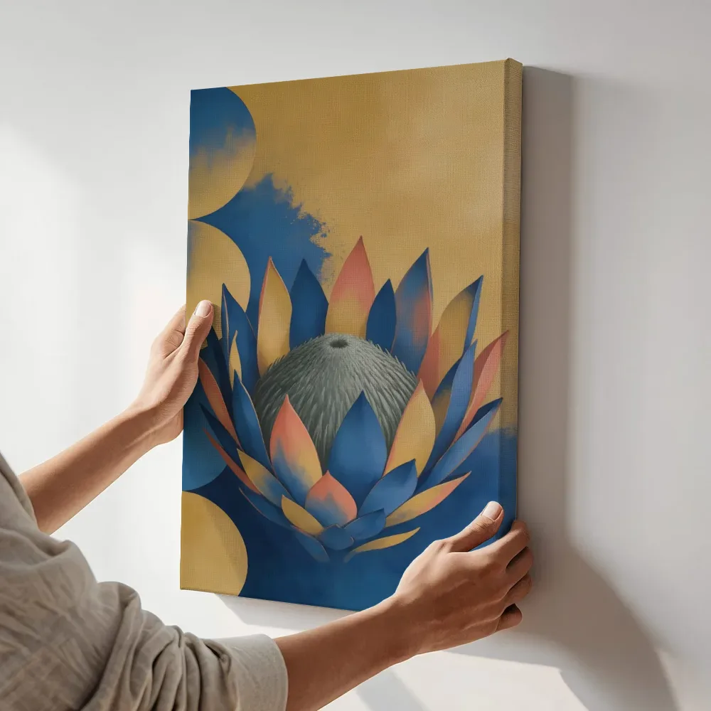 Sfeerimpressie: Protea van dichtbij in delfsblauw en mosterd terwijl het aan de muur wordt gehangen