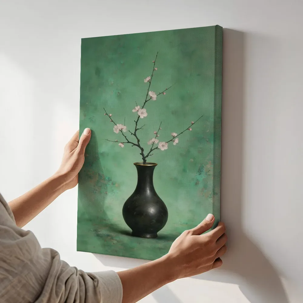 Sfeerimpressie: Pruimenbloesem in jade terwijl het aan de muur wordt gehangen