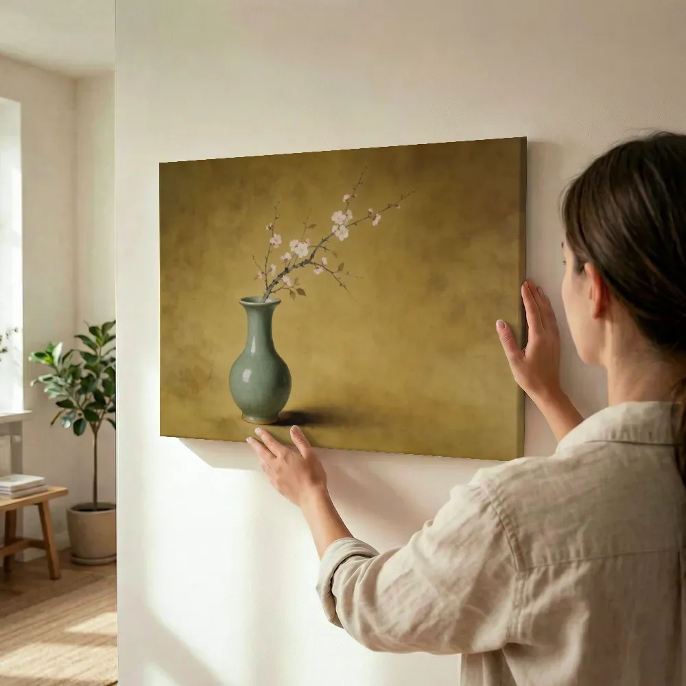 Sfeerimpressie: Pruimenbloesem in mosterdgeel terwijl het wordt opgehangen