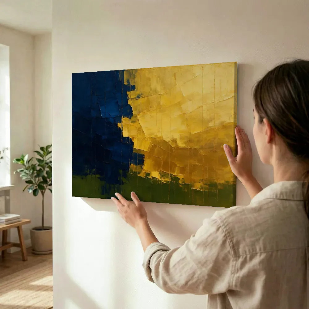 Sfeerimpressie: Pruisisch blauw en goud met landtong terwijl het wordt opgehangen