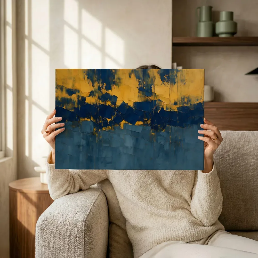 Sfeerimpressie: Pruisisch blauw en kurkuma met gebroken front terwijl het omhoog wordt gehouden