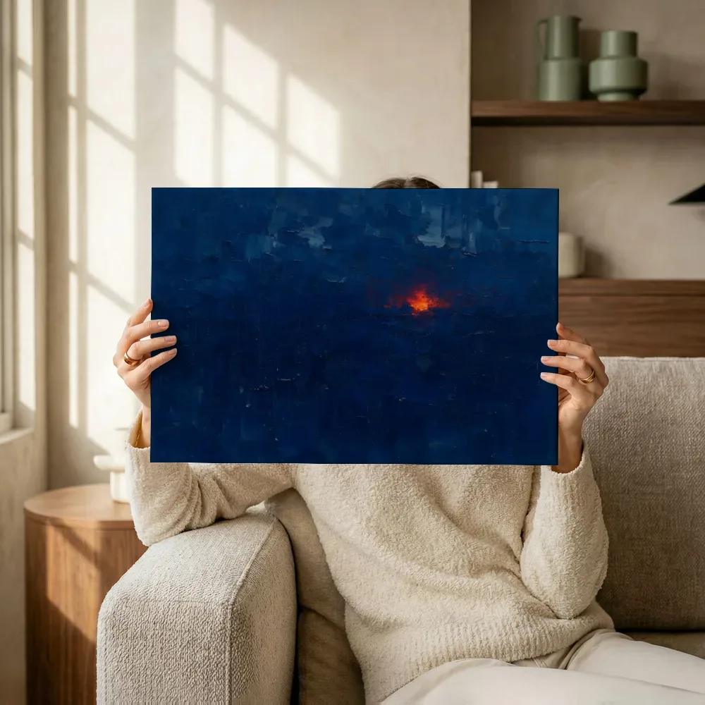 Sfeerimpressie: Pruisisch blauw en vermiljoen met verre gloed terwijl het omhoog wordt gehouden