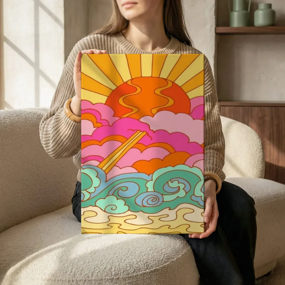 Sfeerimpressie: Psychedelische zonsondergang boven zee terwijl het zittend wordt getoond