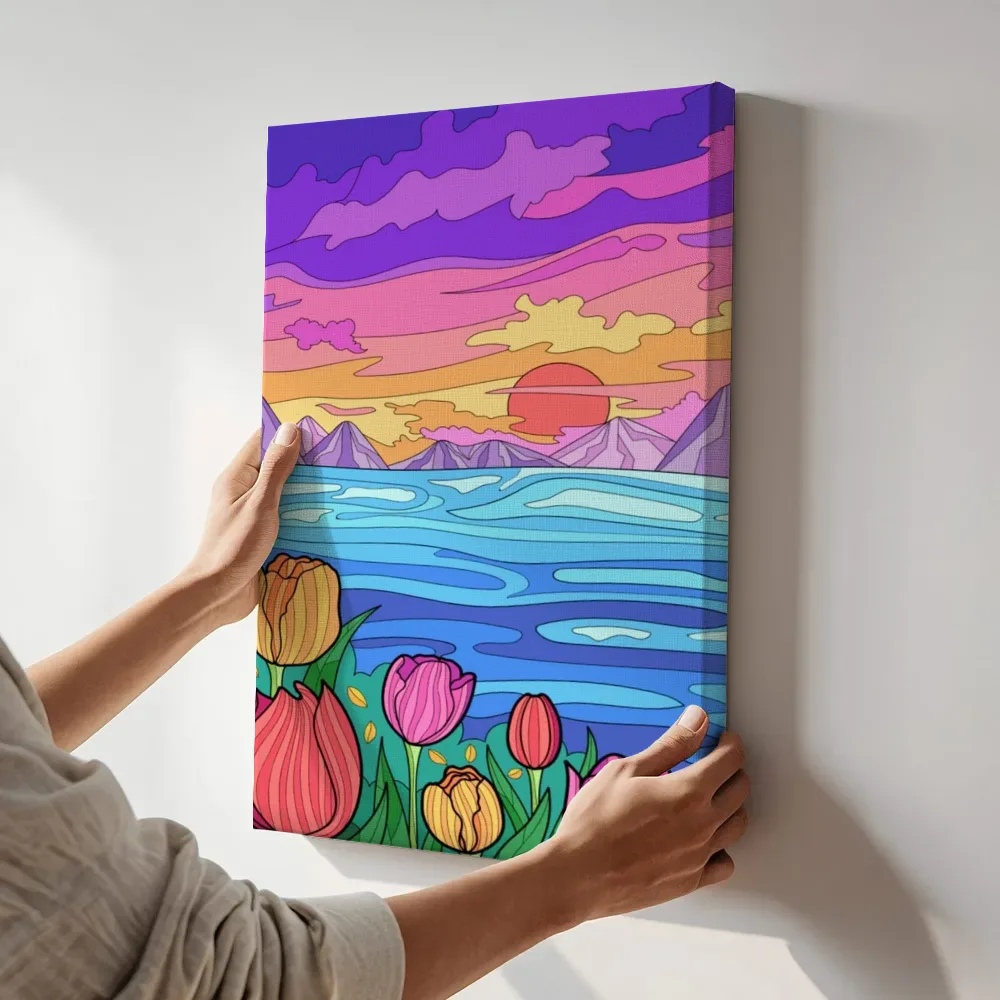 Sfeerimpressie: Psychedelische zonsondergang met tulpen terwijl het aan de muur wordt gehangen