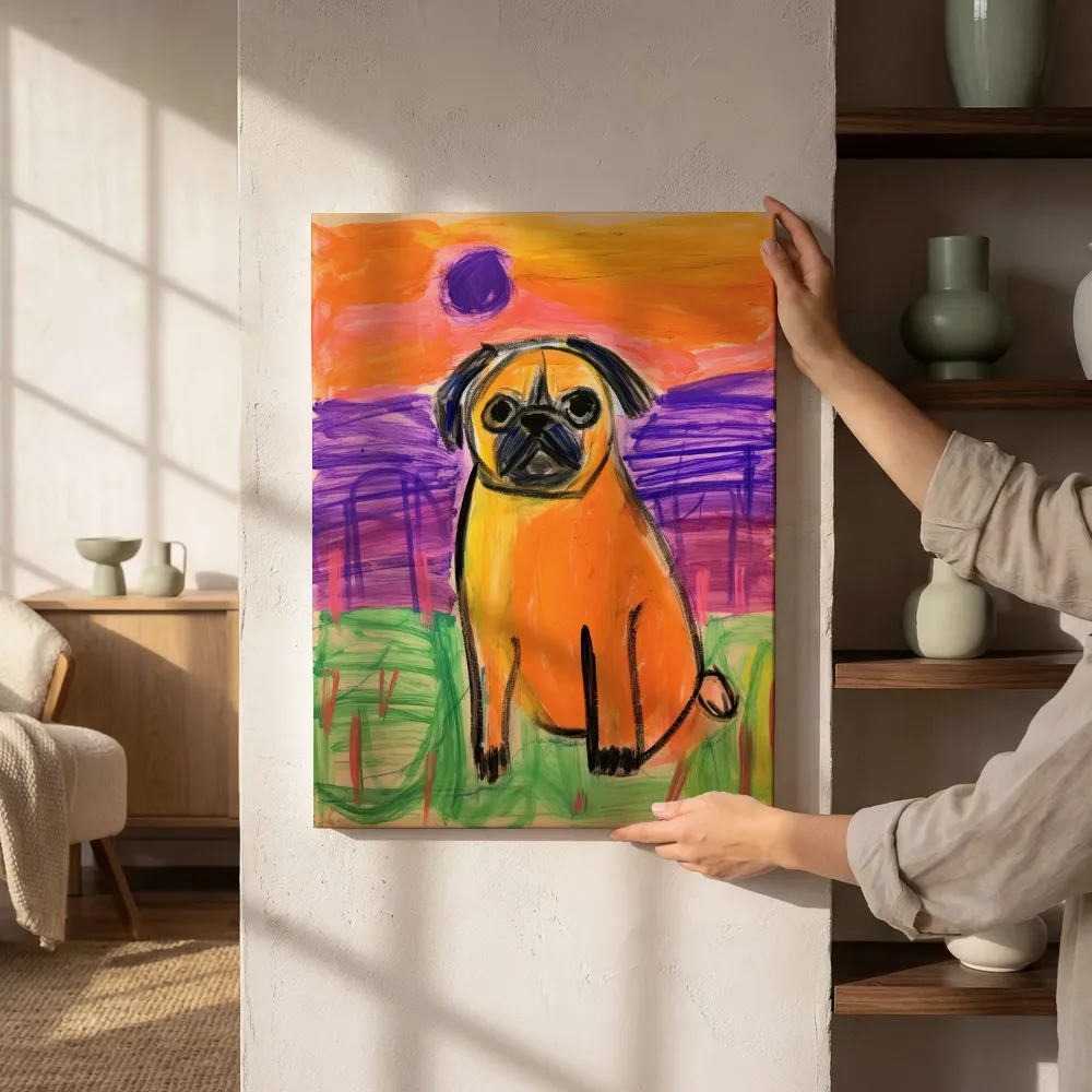 Sfeerimpressie: Pug bij zonsondergang naast de kast