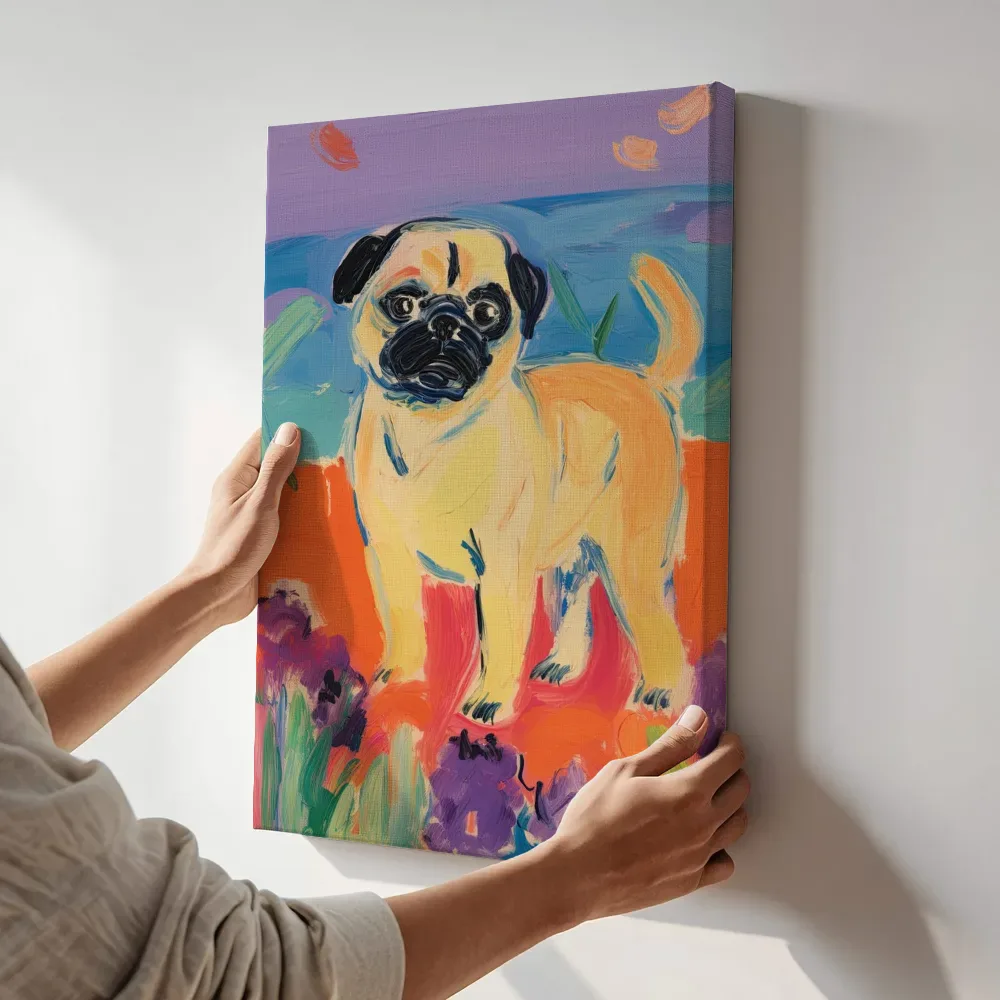 Sfeerimpressie: Pug in een kleurrijk landschap terwijl het aan de muur wordt gehangen