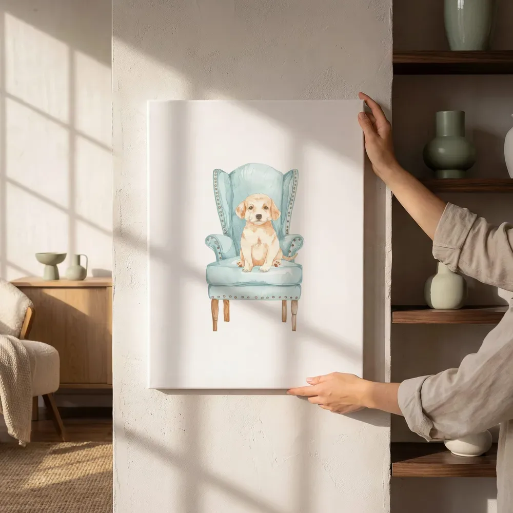 Sfeerimpressie: Puppy in fluwelen fauteuil naast de kast