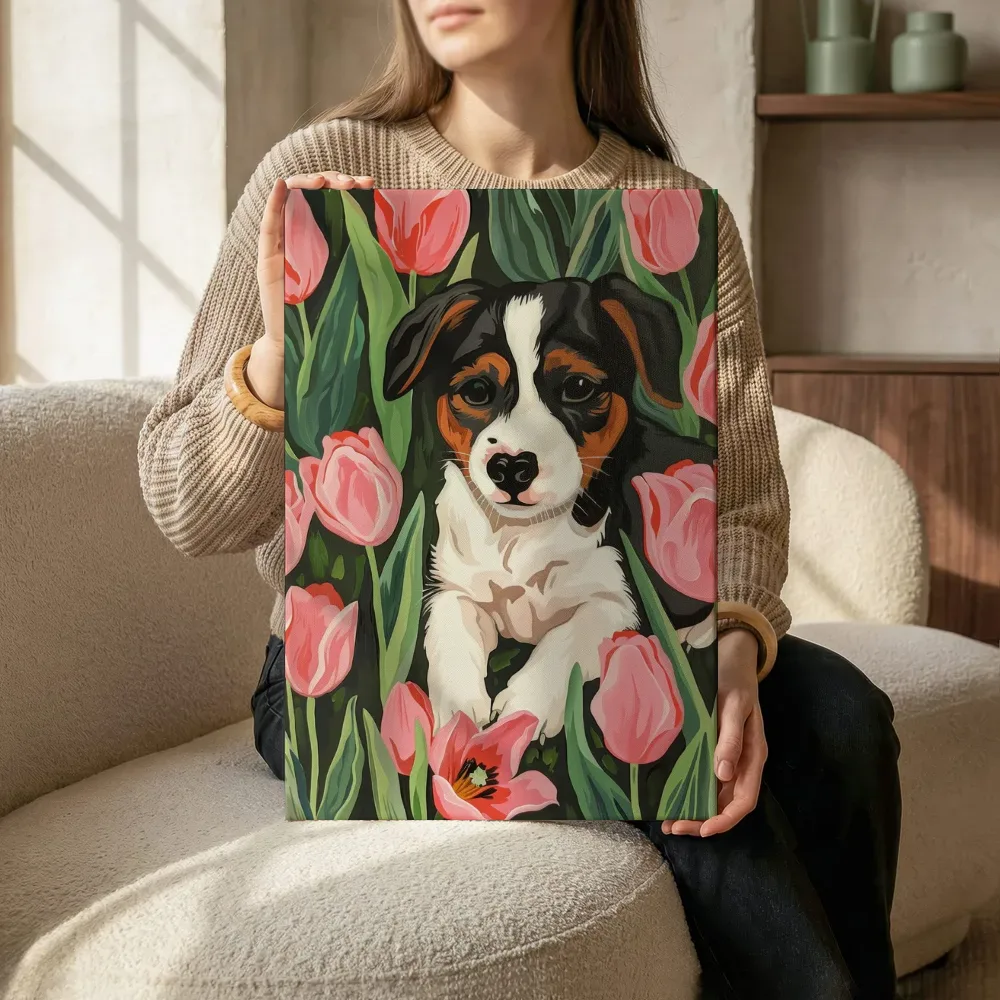 Sfeerimpressie: Puppy tussen de tulpen terwijl het zittend wordt getoond