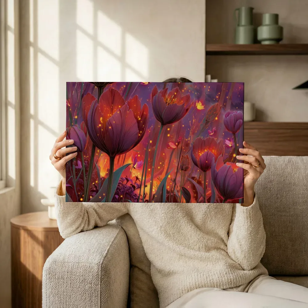 Sfeerimpressie: Purperen tulpen in een vurig veld terwijl het omhoog wordt gehouden