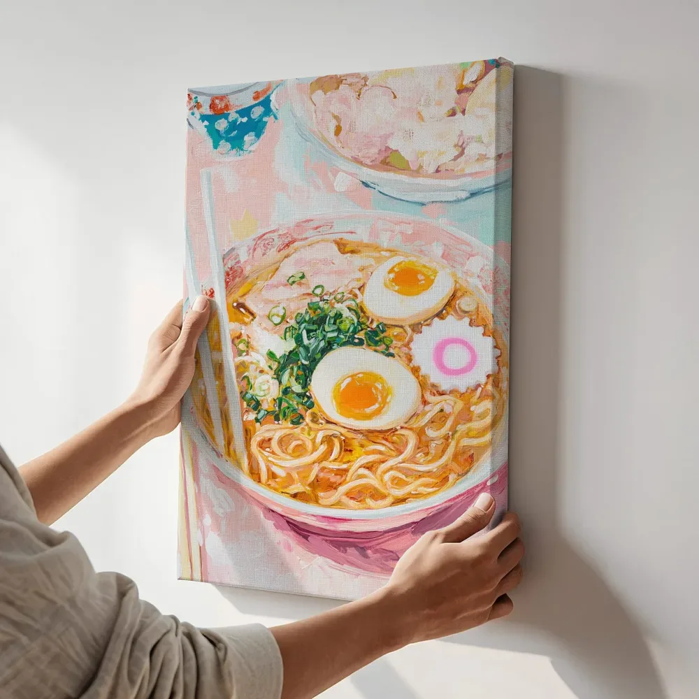 Sfeerimpressie: Ramen met gekookte eieren terwijl het aan de muur wordt gehangen