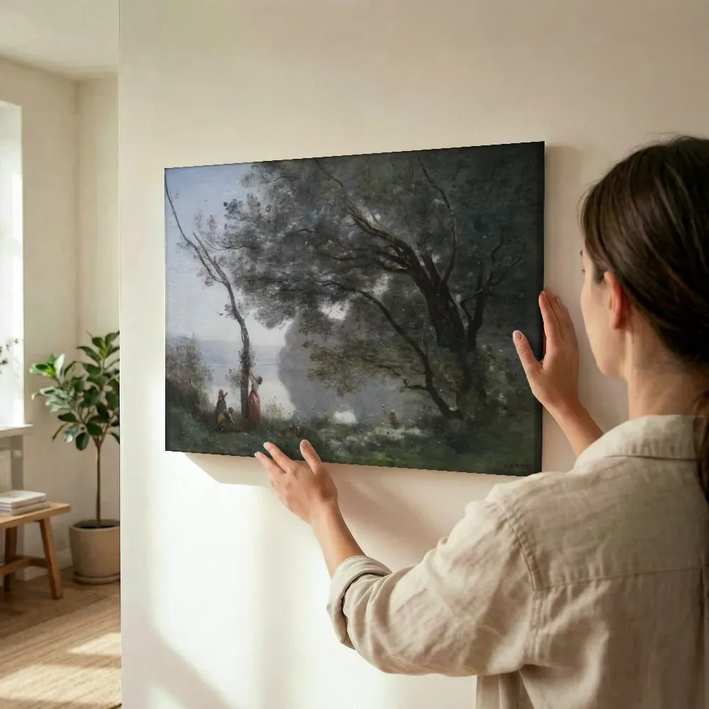 Sfeerimpressie: Herinnering aan Mortefontaine van Jean-Baptiste Camille Corot terwijl het wordt opgehangen