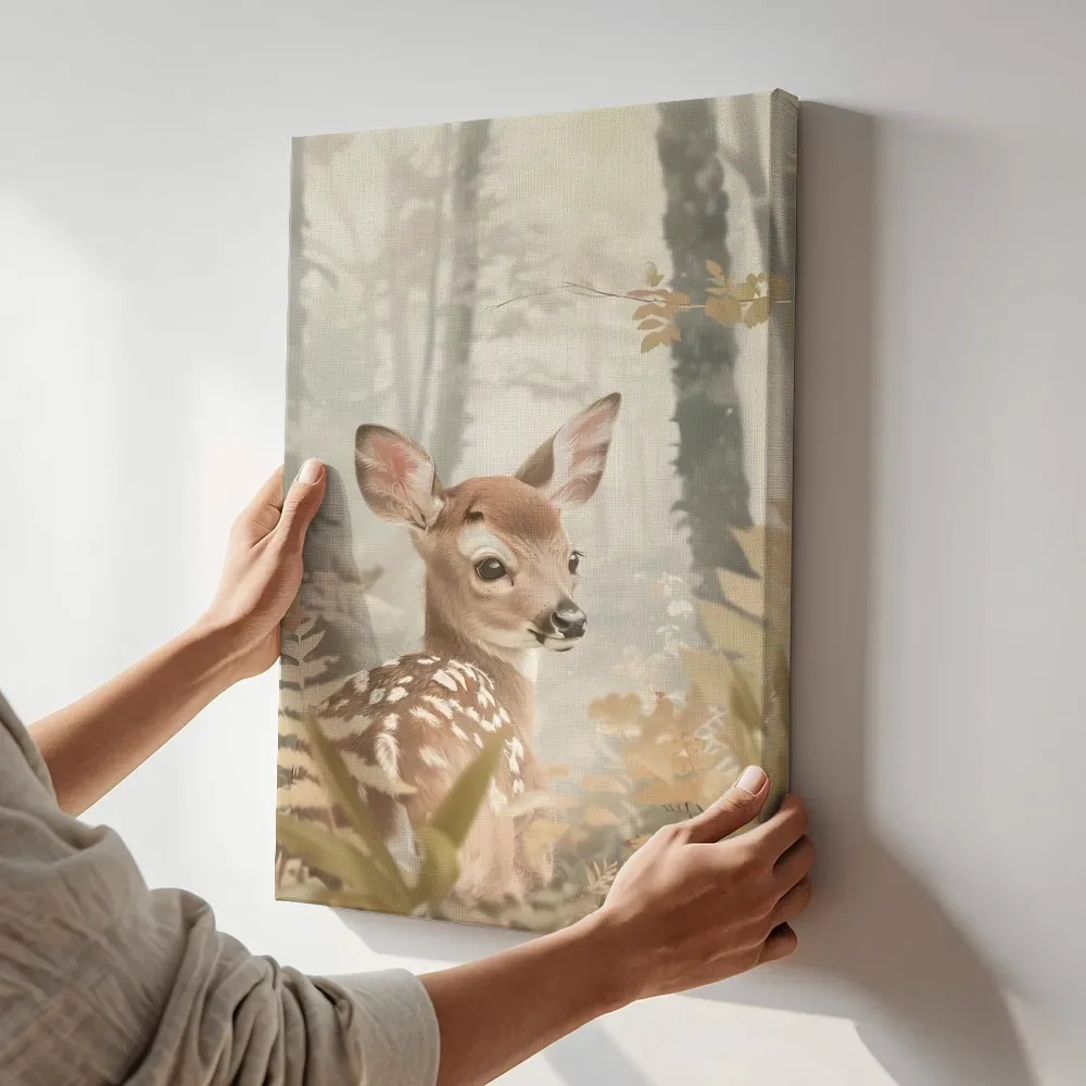 Sfeerimpressie: Reekalfje in het herfstbos terwijl het aan de muur wordt gehangen