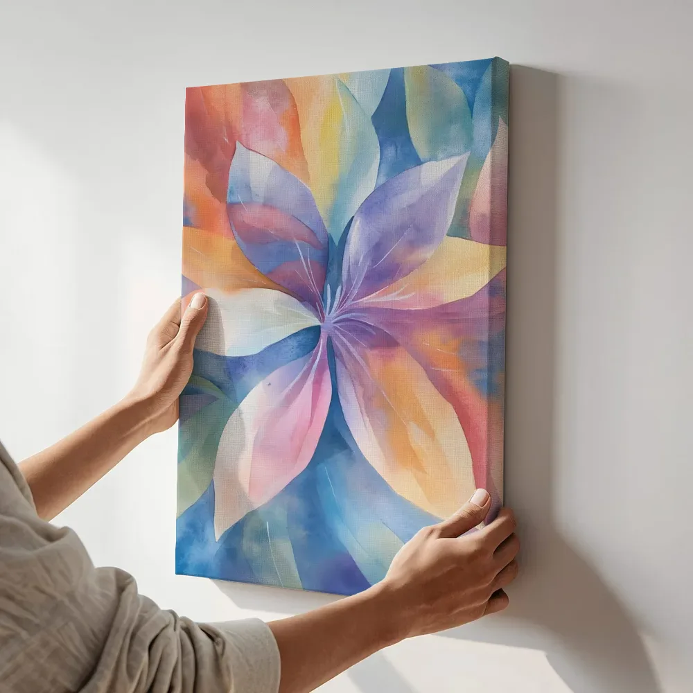 Sfeerimpressie: Regenboog bloemster abstract terwijl het aan de muur wordt gehangen