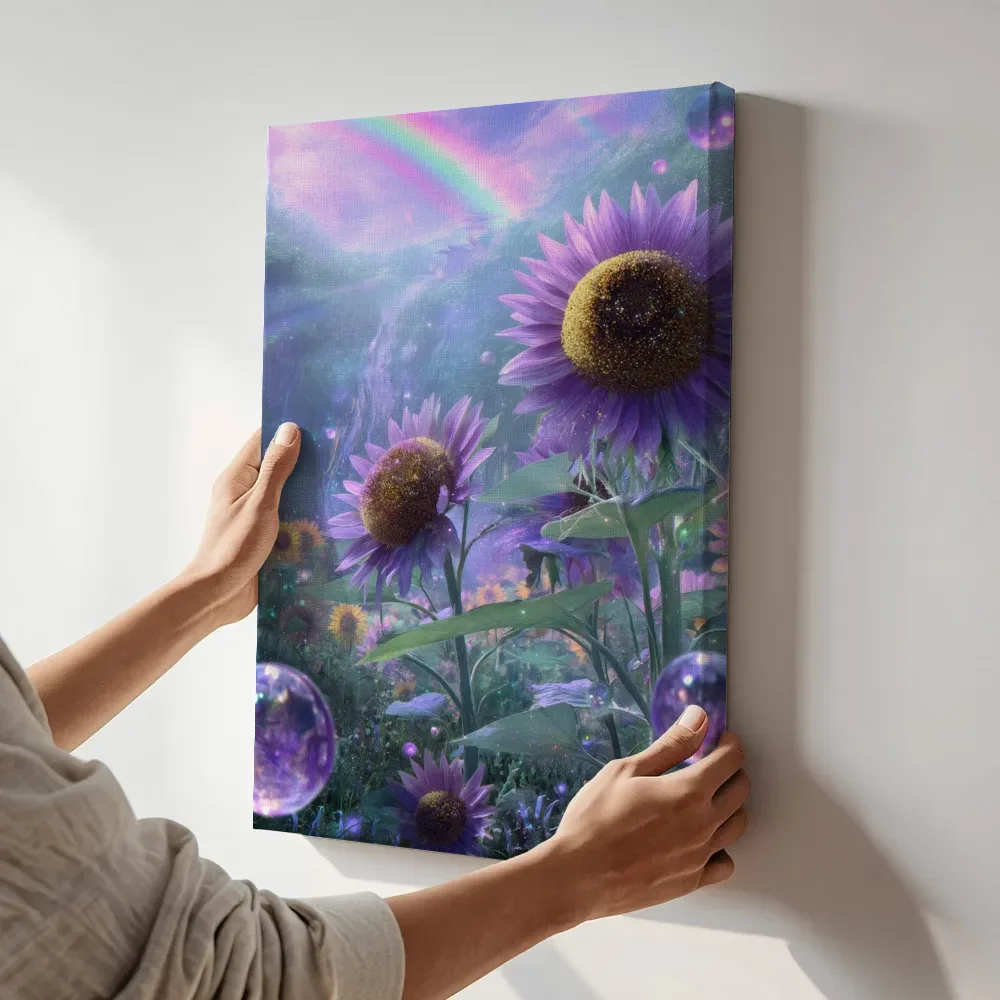 Sfeerimpressie: Regenboog boven het zonnebloemenveld terwijl het aan de muur wordt gehangen