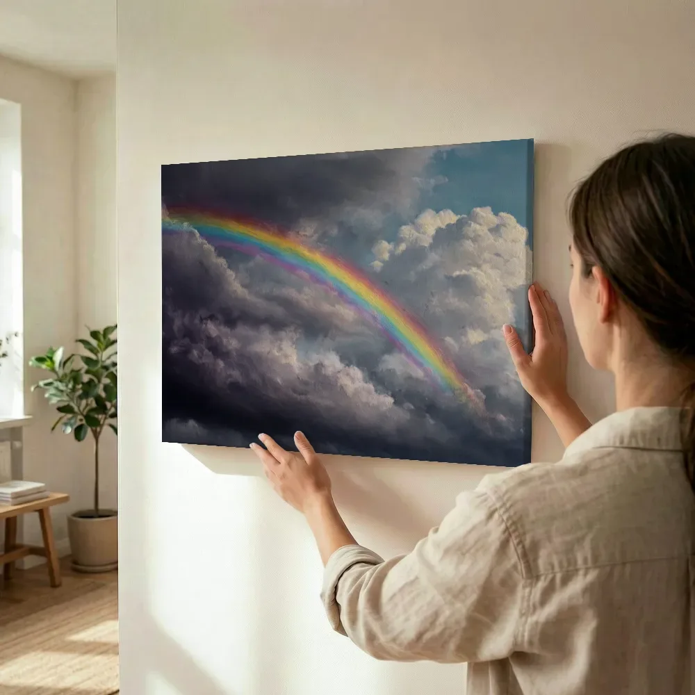 Sfeerimpressie: Regenboog door stormwolken terwijl het wordt opgehangen