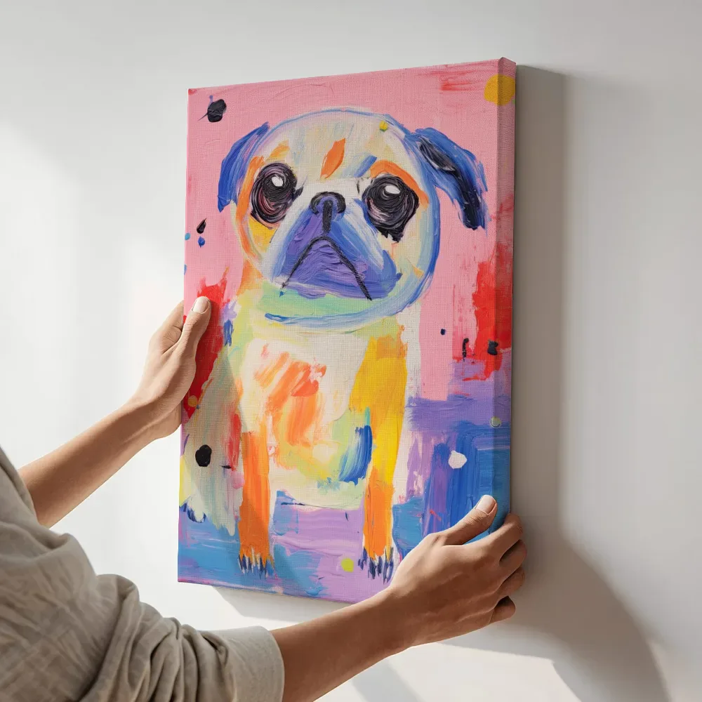 Sfeerimpressie: Regenboog pug portret terwijl het aan de muur wordt gehangen
