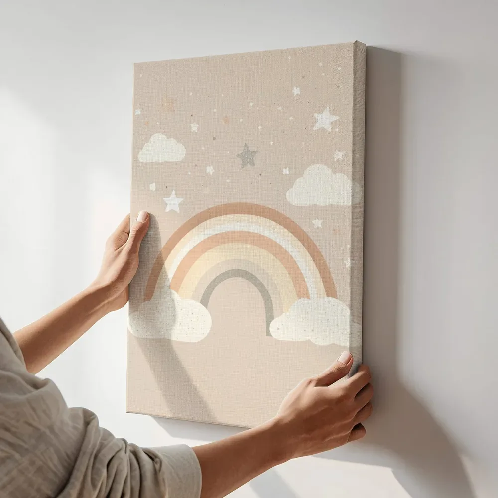 Sfeerimpressie: Regenboog met sterrenhemel terwijl het aan de muur wordt gehangen