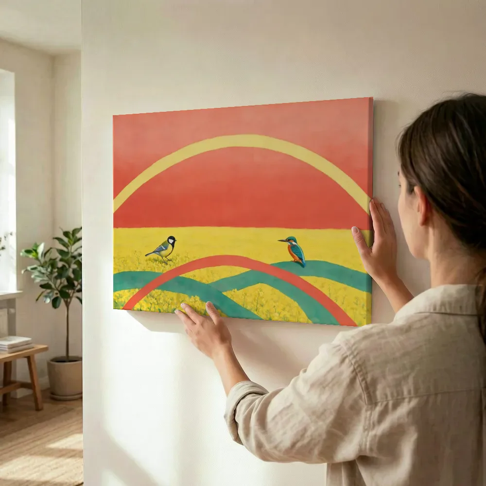 Sfeerimpressie: Regenboogbogen met vogels in koraalrood en zeegroen terwijl het omhoog wordt gehouden