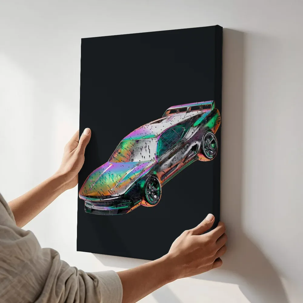 Sfeerimpressie: Regenboogglans sportwagen in het duister terwijl het aan de muur wordt gehangen