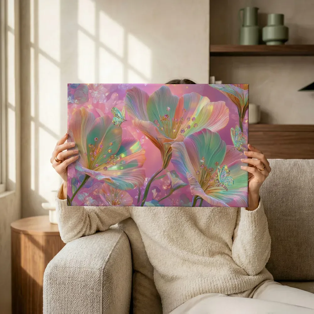 Sfeerimpressie: Regenboogkleurige glasbloemen terwijl het omhoog wordt gehouden