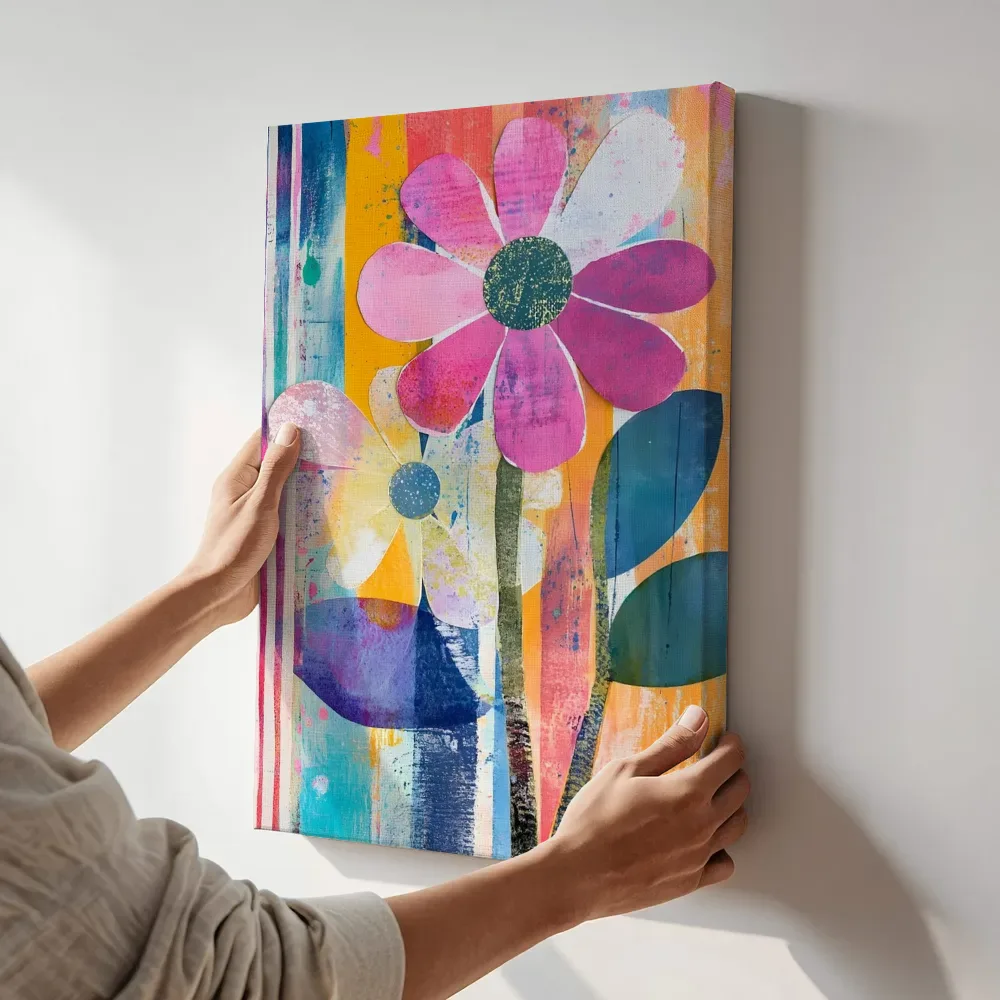 Sfeerimpressie: Regenboogstrepen bloemen terwijl het aan de muur wordt gehangen