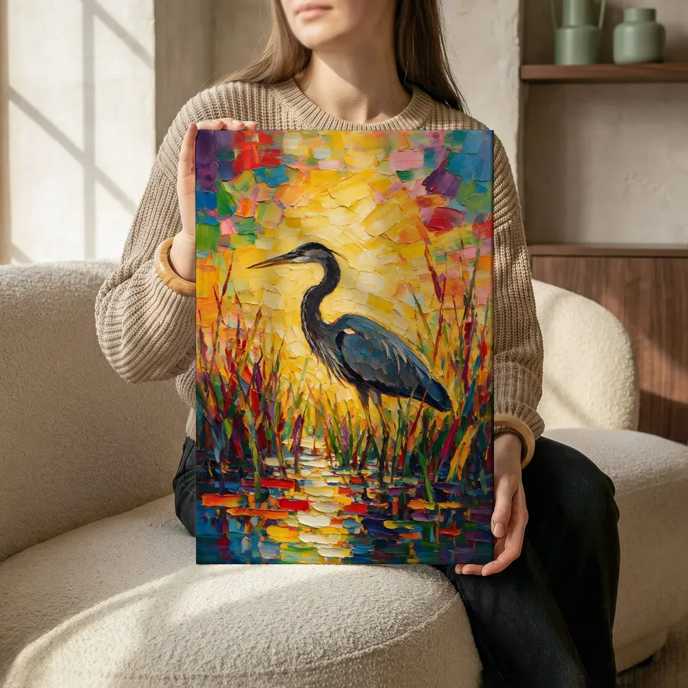 Sfeerimpressie: Reiger tussen riet in amber terwijl het aan de muur wordt gehangen