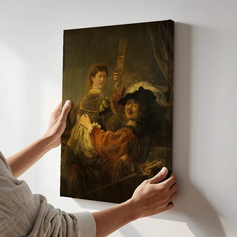 Sfeerimpressie: Rembrandt en Saskia in de parabel van de verloren zoon van Rembrandt terwijl het aan de muur wordt gehangen