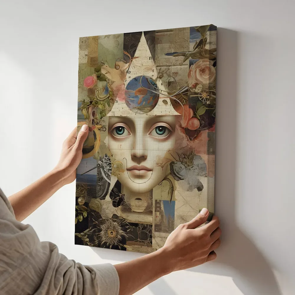 Sfeerimpressie: Renaissance collage portret terwijl het aan de muur wordt gehangen