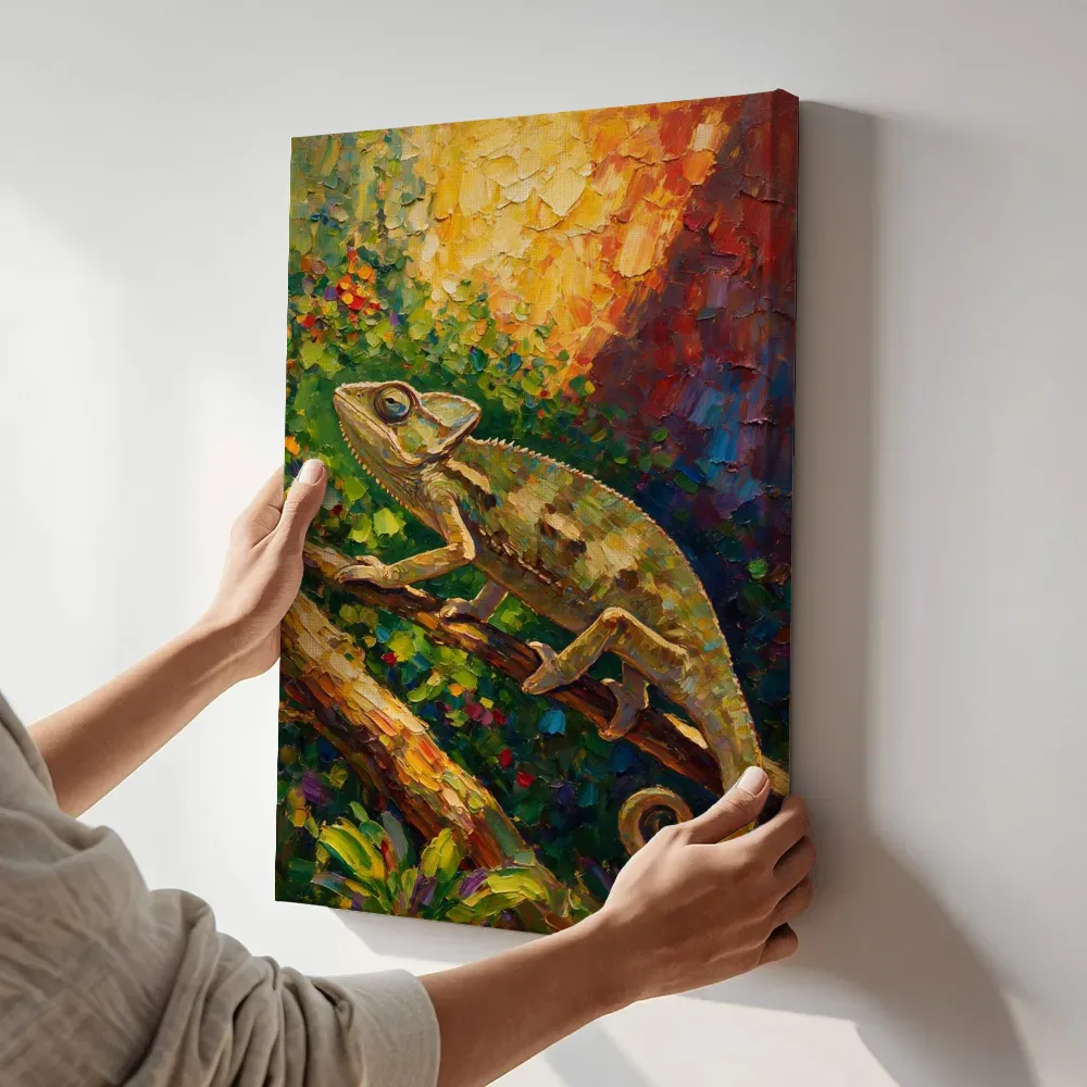Sfeerimpressie: Reptiel in beweging tegen een muur in de schaduw terwijl het aan de muur wordt gehangen