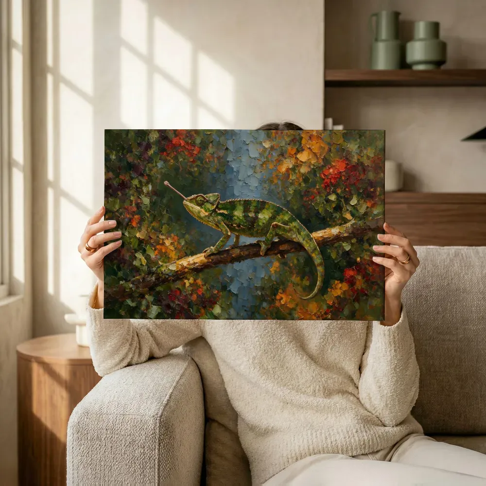 Sfeerimpressie: Kameleon in diepe pose in een bloementuin terwijl het omhoog wordt gehouden