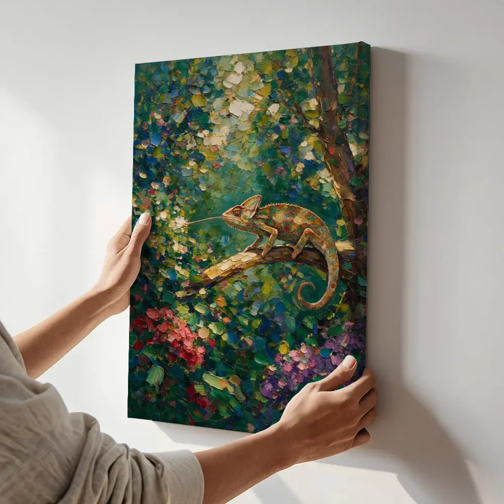 Sfeerimpressie: Reptiel in het landschap bij bloesem terwijl het aan de muur wordt gehangen