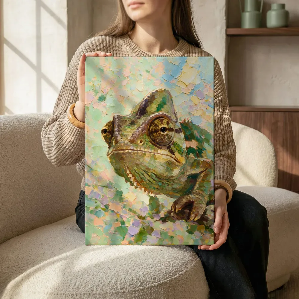 Sfeerimpressie: Reptiel portret bij bloesem in amber terwijl het aan de muur wordt gehangen