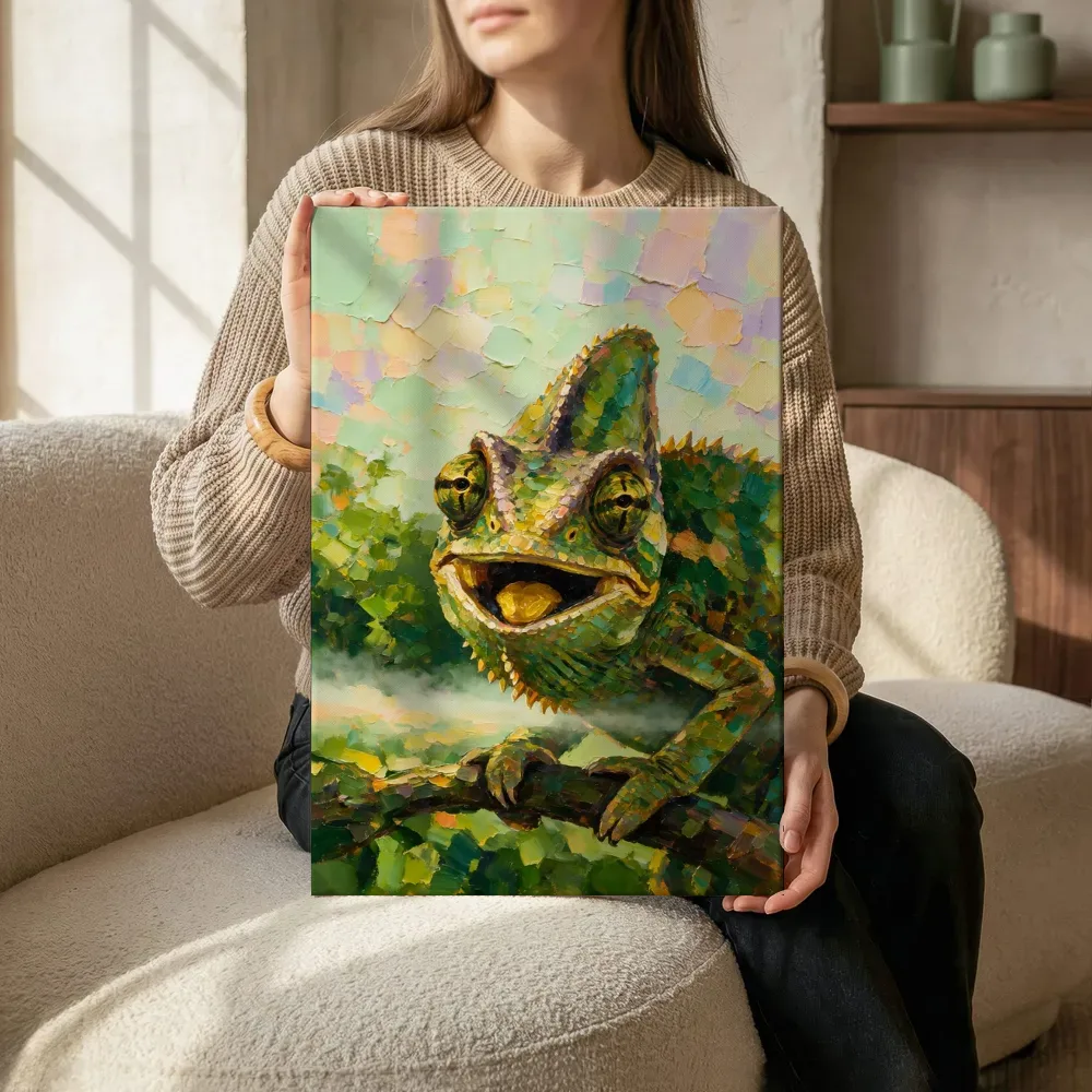 Sfeerimpressie: Reptiel portret donker in de mist terwijl het aan de muur wordt gehangen