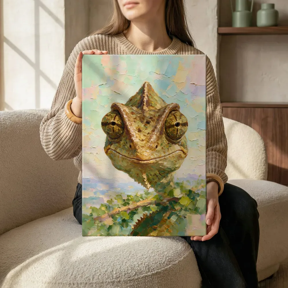 Sfeerimpressie: Reptiel portret warm in de mist terwijl het aan de muur wordt gehangen