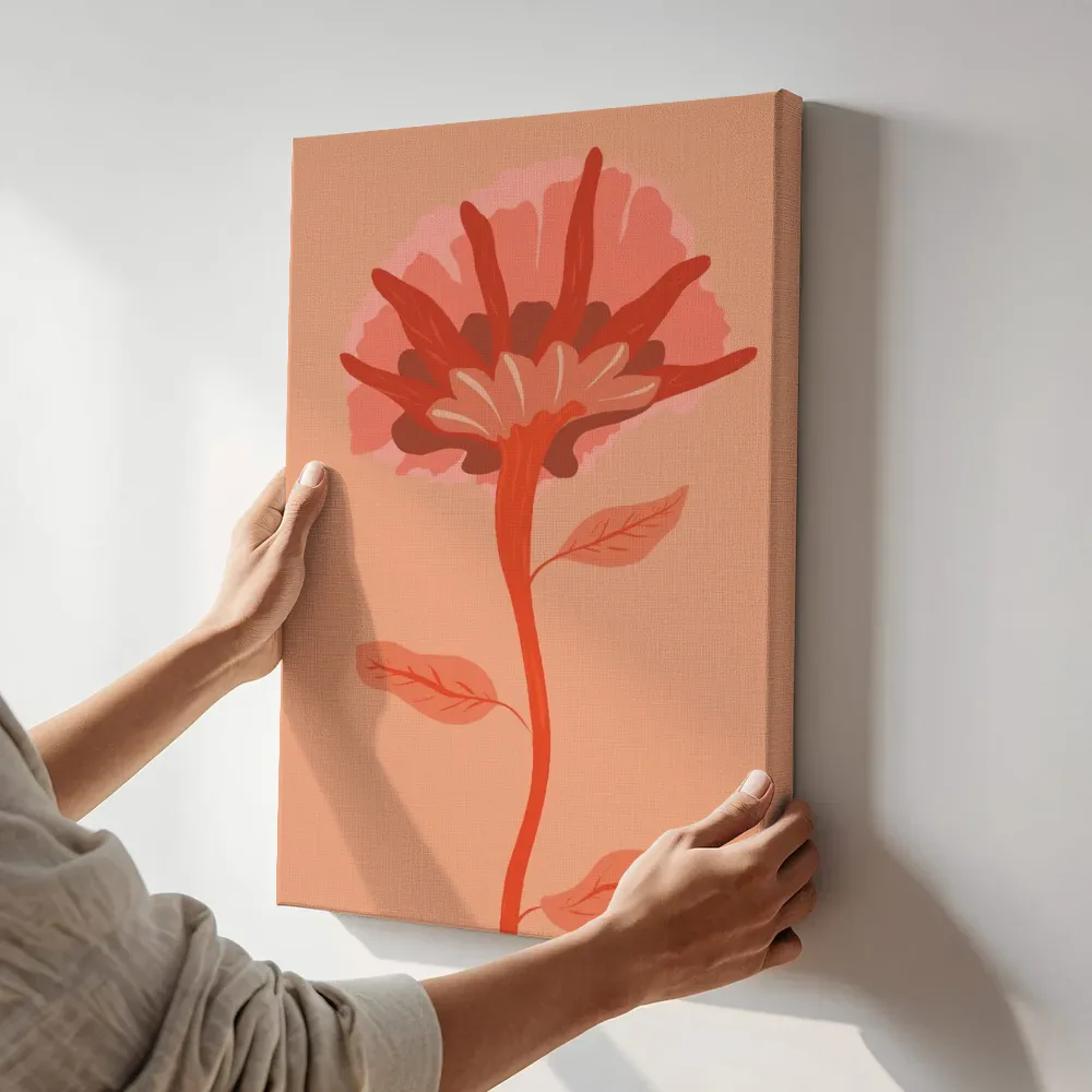 Sfeerimpressie: Retro bloemenillustratie in warme terracotta tinten terwijl het aan de muur wordt gehangen