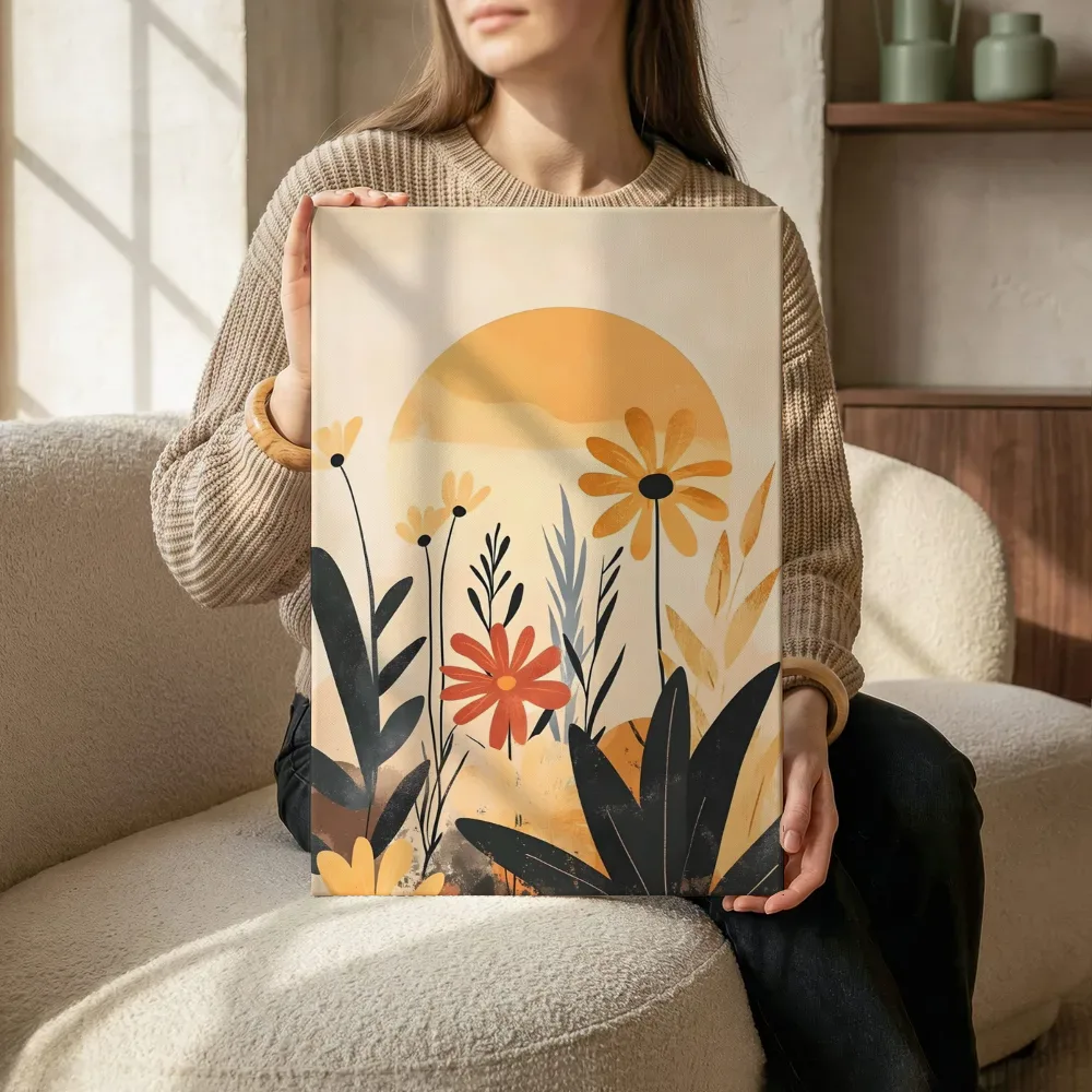 Sfeerimpressie: Retro boho bloemen bij zonsondergang terwijl het zittend wordt getoond