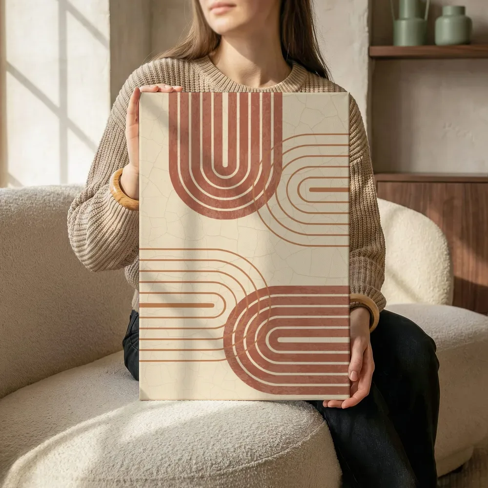 Sfeerimpressie: Retro boogpatroon in terracotta en crème naast de kast