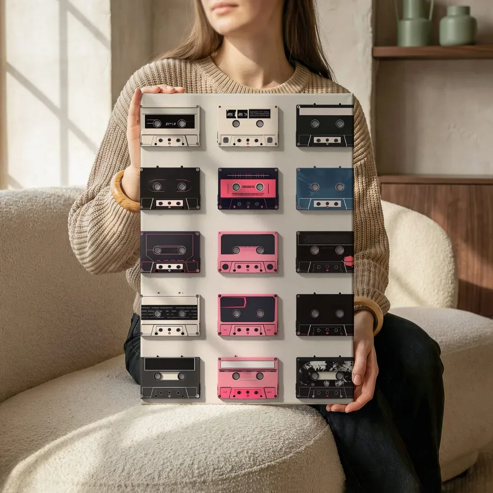 Sfeerimpressie: Retro cassettebandjes collectie terwijl het zittend wordt getoond