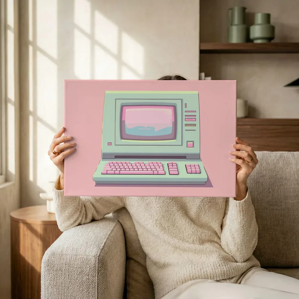 Sfeerimpressie: Retro computer terwijl het omhoog wordt gehouden