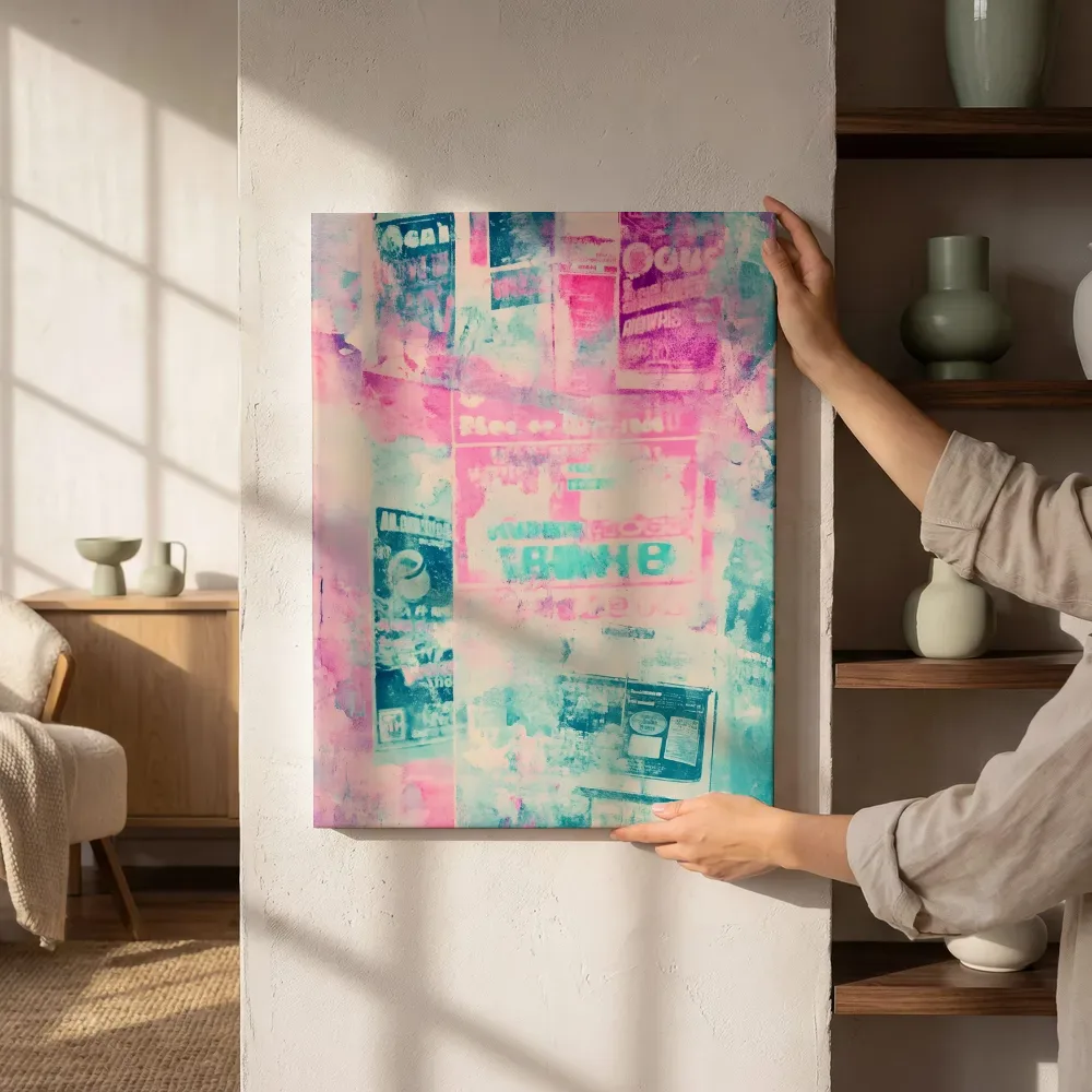 Sfeerimpressie: Retro krantencollage roze turquoise naast de kast