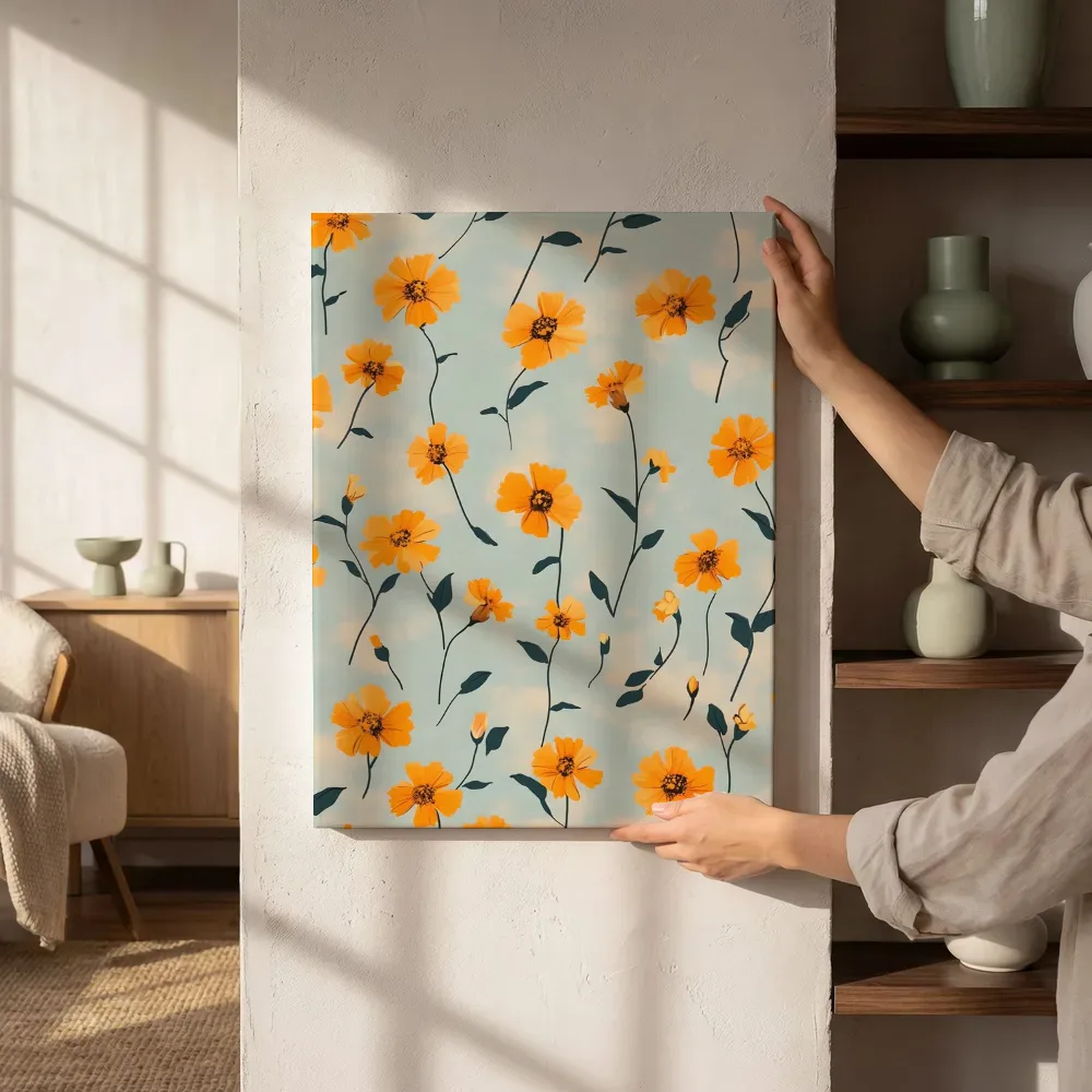 Sfeerimpressie: Retro oranje bloemenpatroon naast de kast