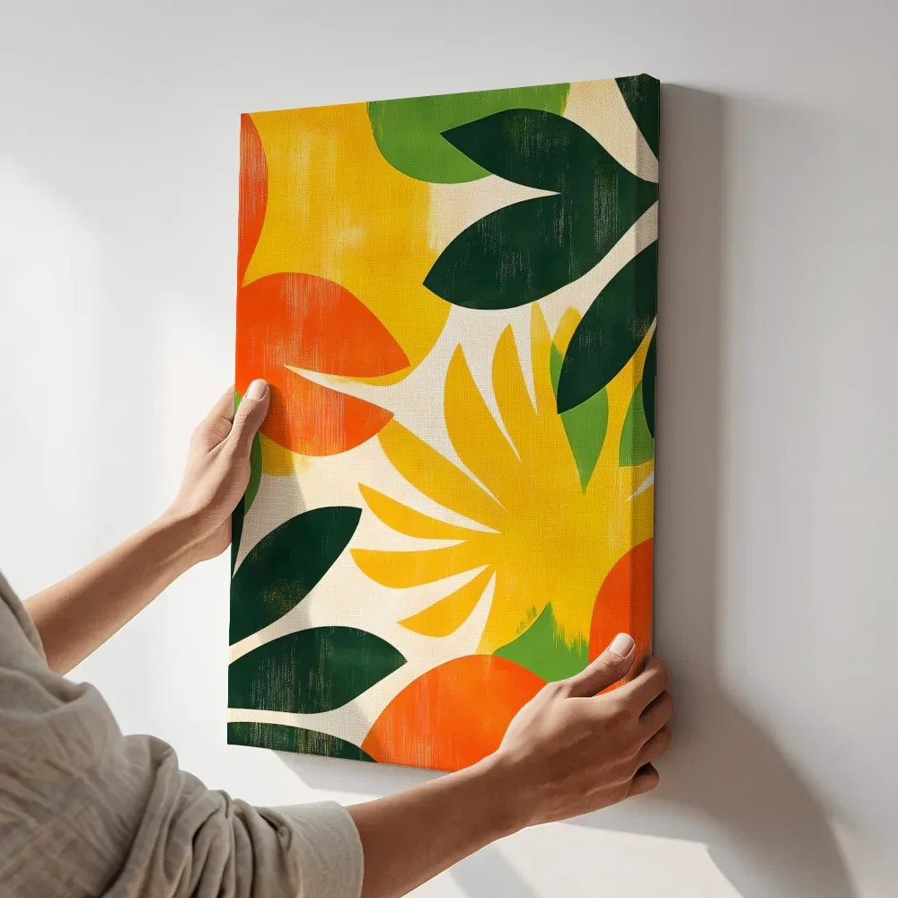 Sfeerimpressie: Retro oranje en gele bloem terwijl het aan de muur wordt gehangen