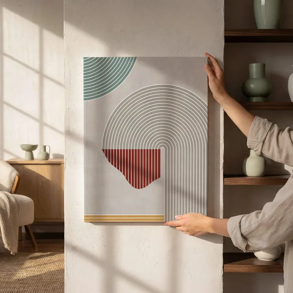 Sfeerimpressie: Retro regenboogbogen in taupe en terracotta naast de kast