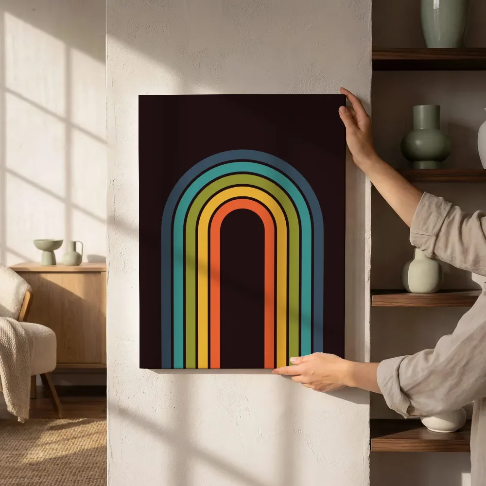 Sfeerimpressie: Retro regenboogboog op zwart naast de kast