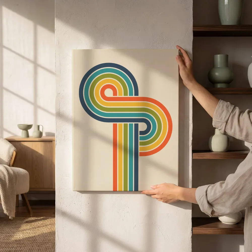 Sfeerimpressie: Retro slingerende regenboogstrepen naast de kast