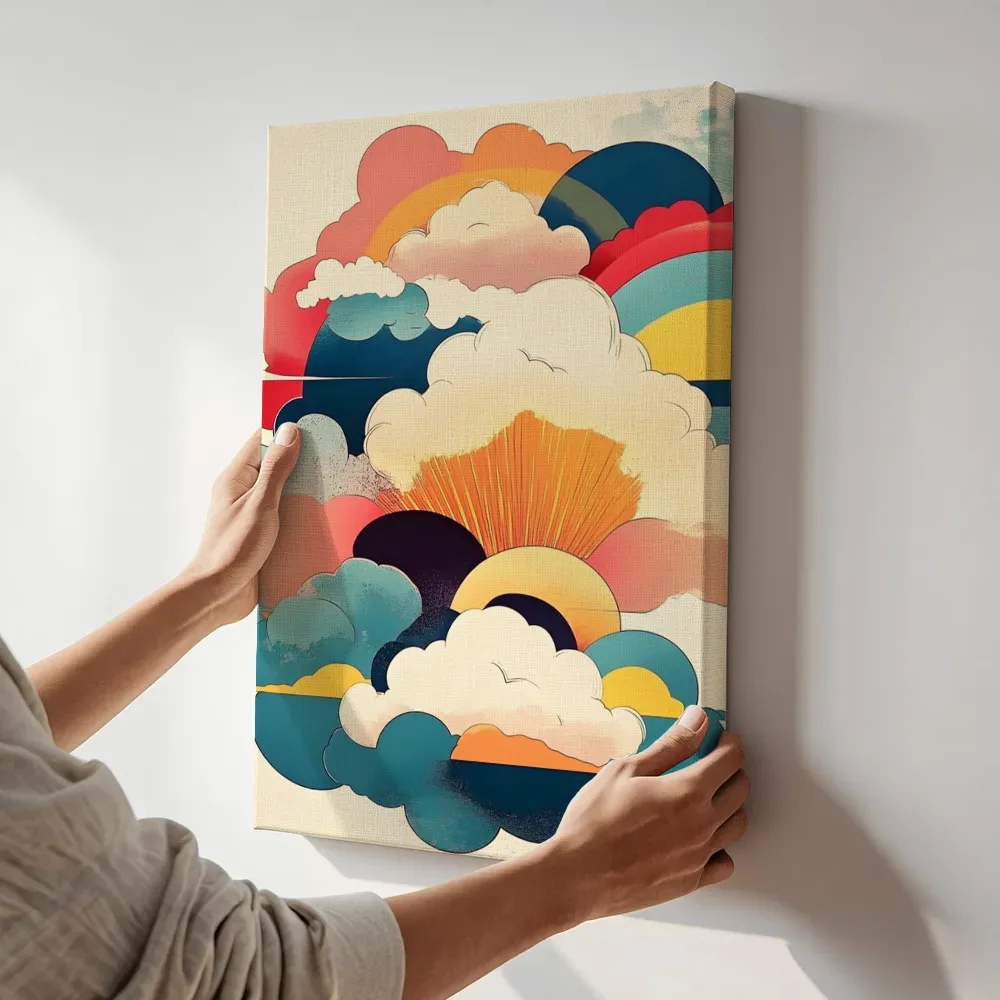Sfeerimpressie: Retro wolken en zonsondergang terwijl het aan de muur wordt gehangen
