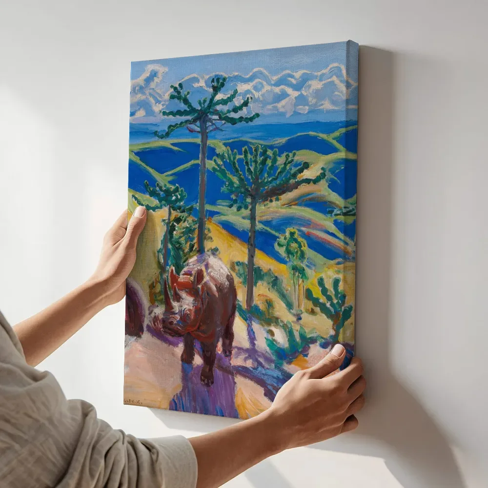 Sfeerimpressie: Neushoorn en euphorbiabomen van Akseli Gallen-Kallela terwijl het aan de muur wordt gehangen