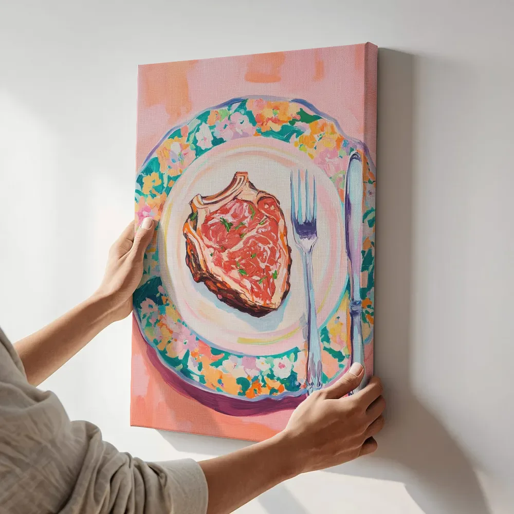 Sfeerimpressie: Ribeye steak op feestelijk bord terwijl het aan de muur wordt gehangen